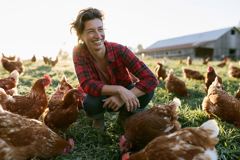 Woman crouching among chickens in a grassy farmyard with a barn in the background