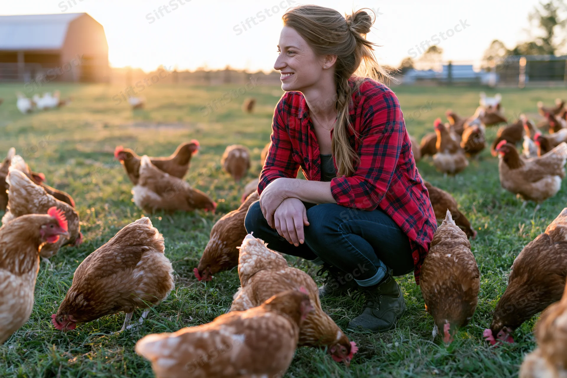 Woman crouching among chickens on a farm at sunset