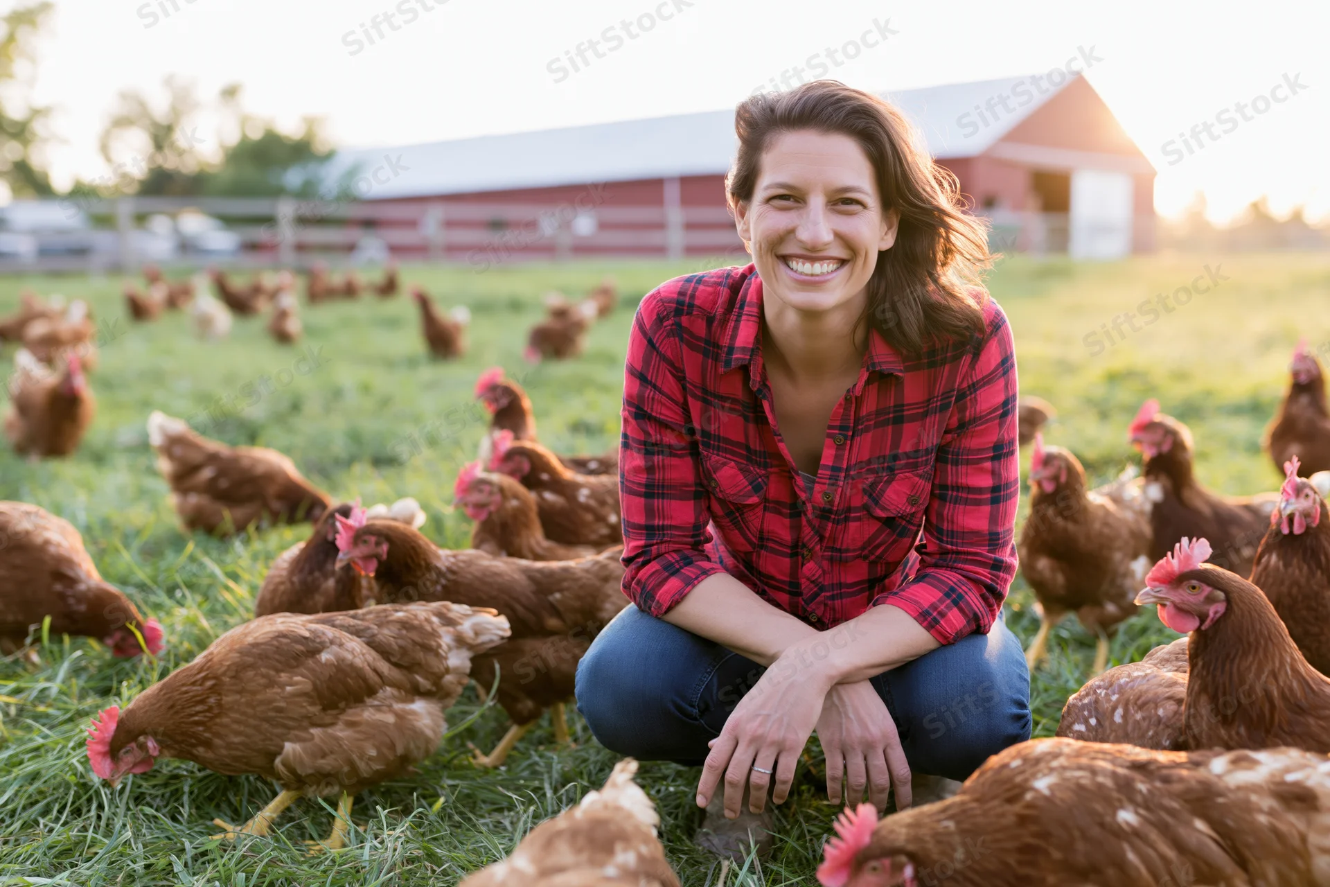 Woman crouching among chickens on a grassy farm field near a red barn at sunset