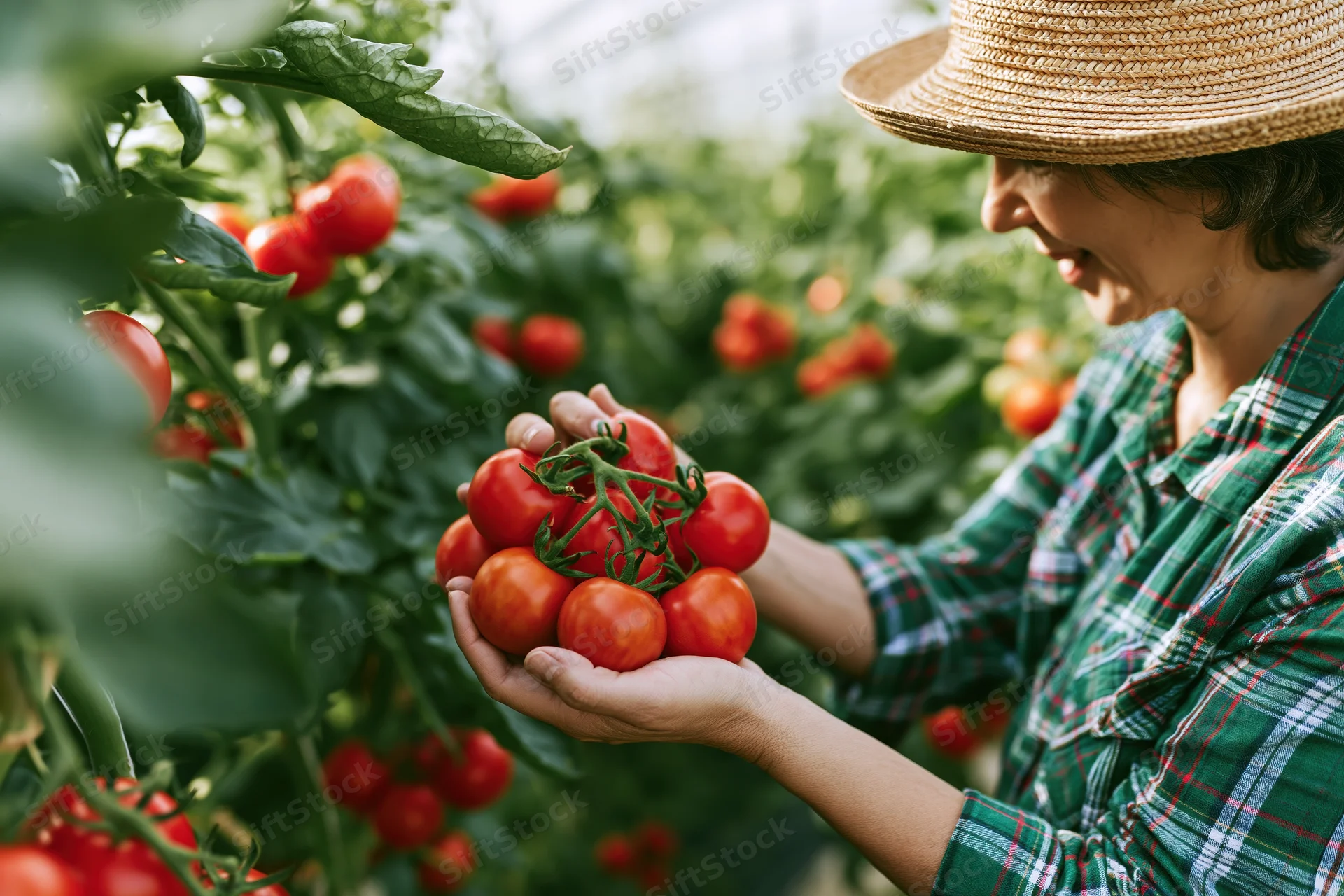 Woman holding ripe tomatoes on vine in greenhouse garden