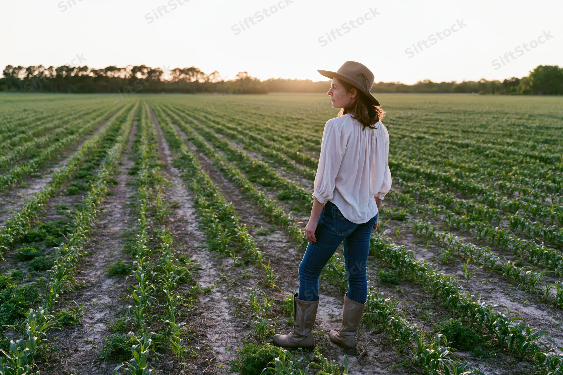 Woman standing in a cornfield at sunset wearing a wide-brimmed hat and boots
