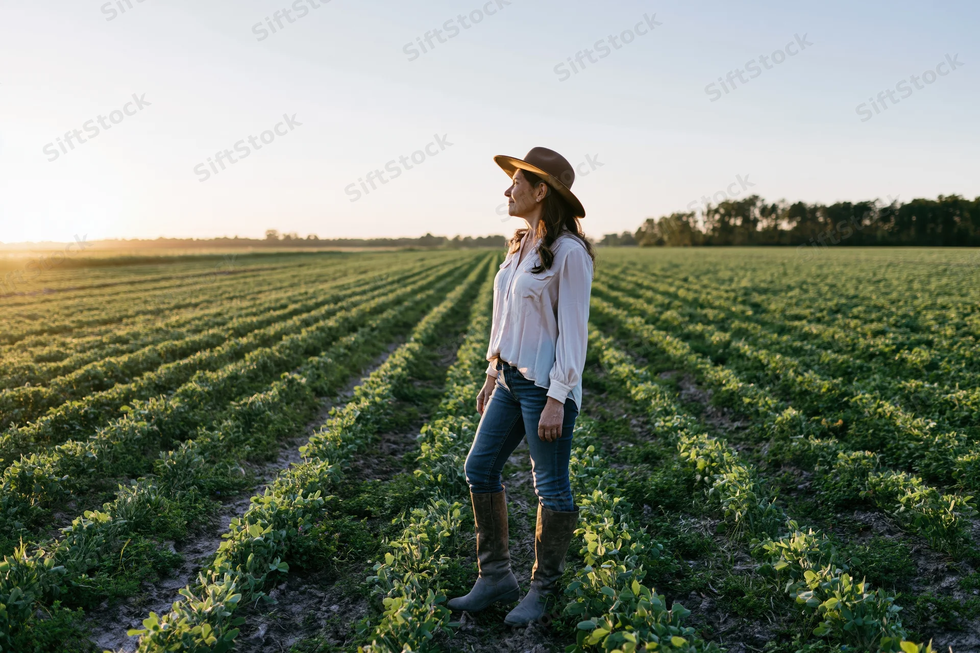 Woman standing in a soybean field at sunset wearing a wide-brimmed hat and boots