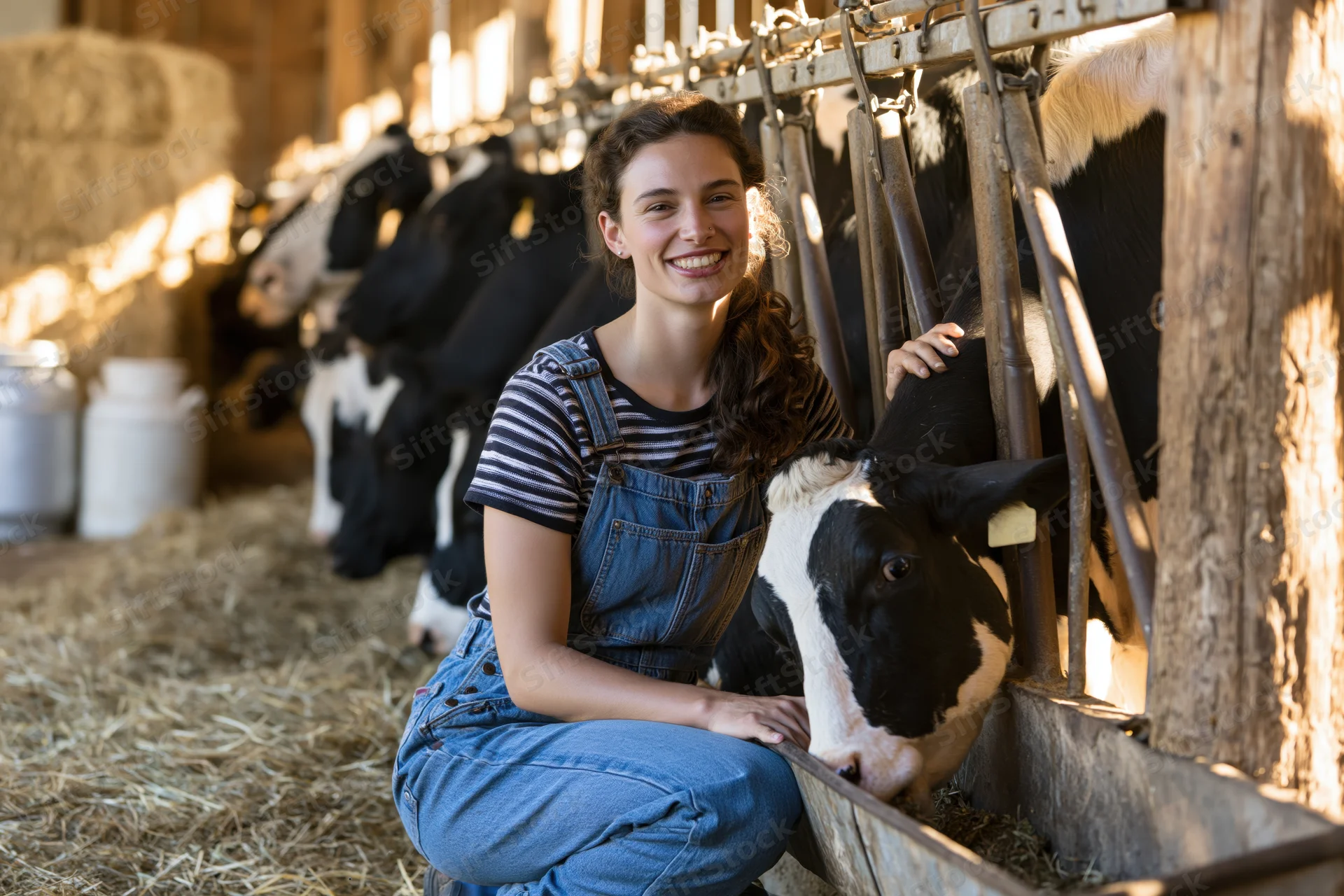 Woman in denim overalls crouching beside a cow in a barn