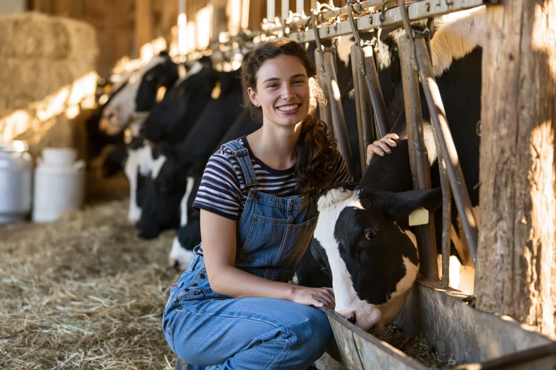 Woman in denim overalls crouching beside a cow in a barn
