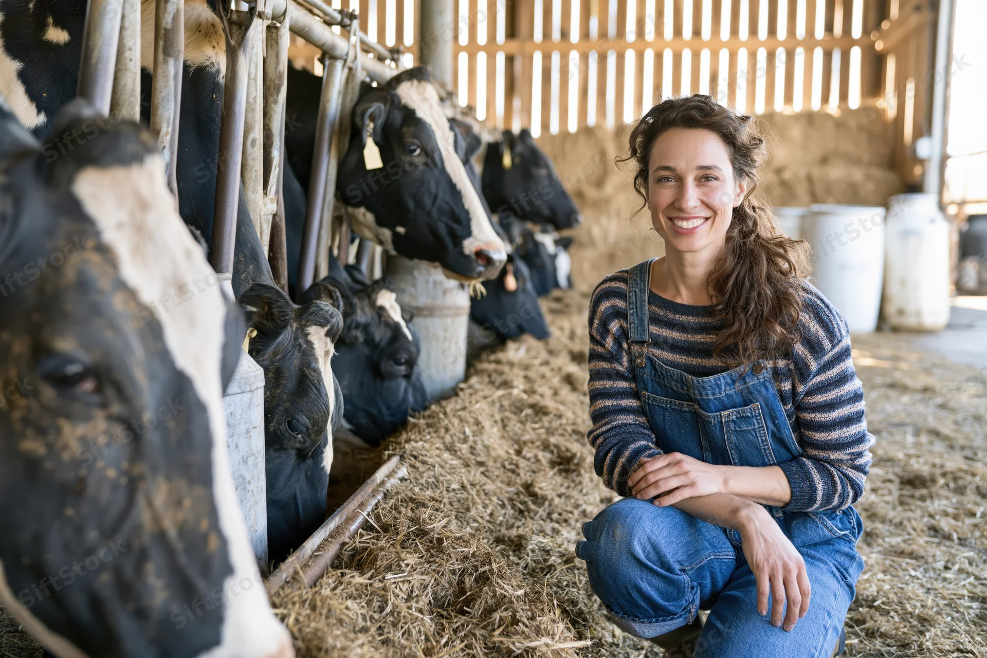 Woman in denim overalls crouching beside cows in a barn