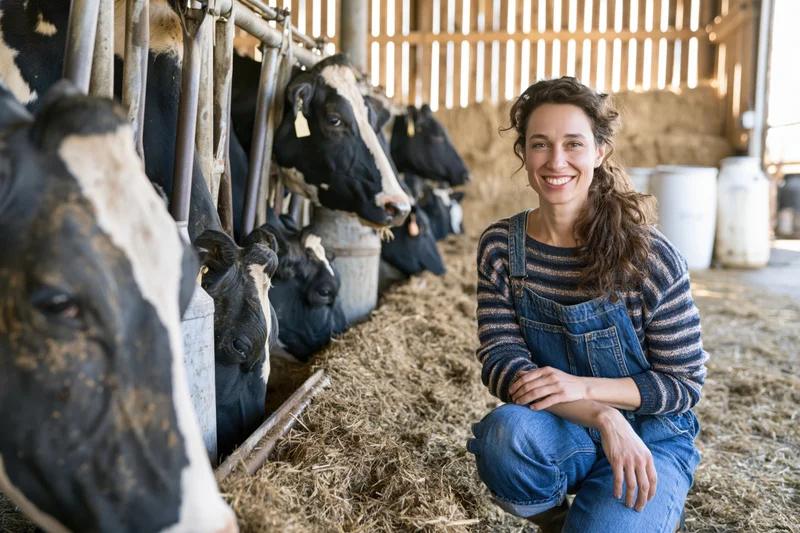Woman in denim overalls crouching beside cows in a barn