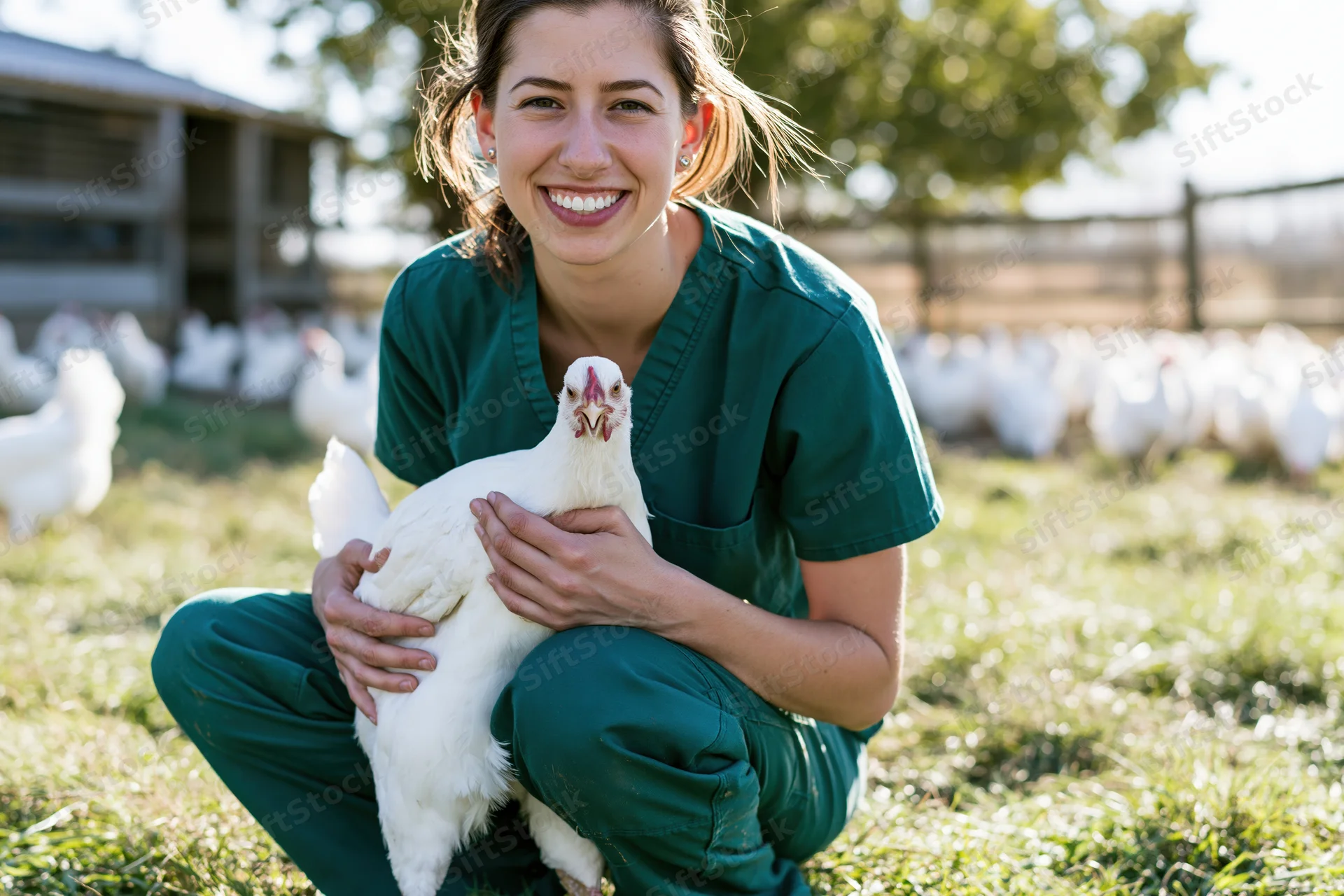 Woman in green scrubs crouching and holding a white chicken on a farm field
