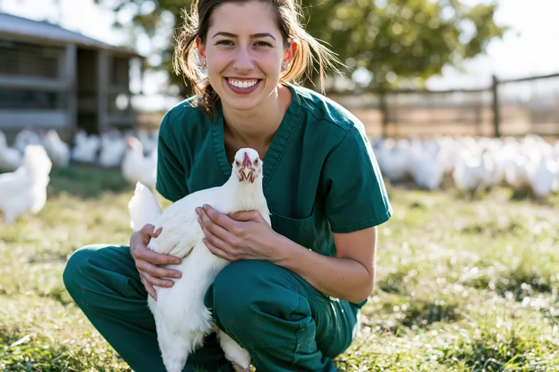 Woman in green scrubs crouching and holding a white chicken on a farm field
