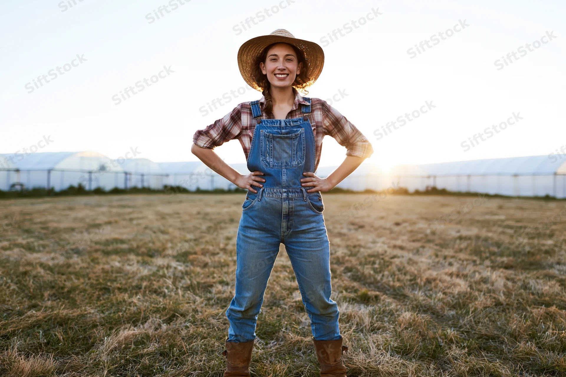 Woman in denim overalls and straw hat standing confidently with hands on hips in a dry grass field at sunset near greenhouses