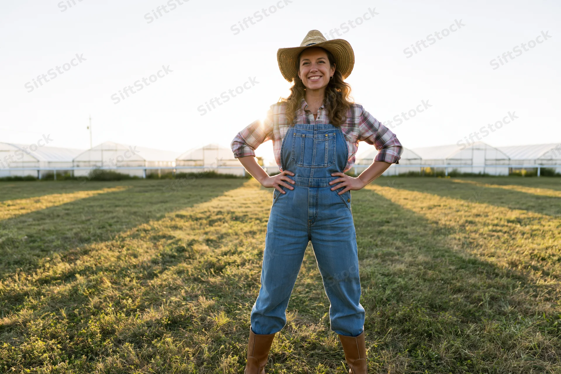 Woman in overalls and cowboy hat standing confidently with hands on hips in a grassy field near greenhouses