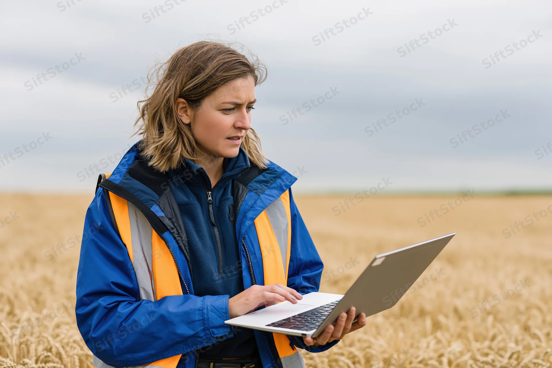 Woman in a blue jacket and orange vest using a laptop in a golden wheat field