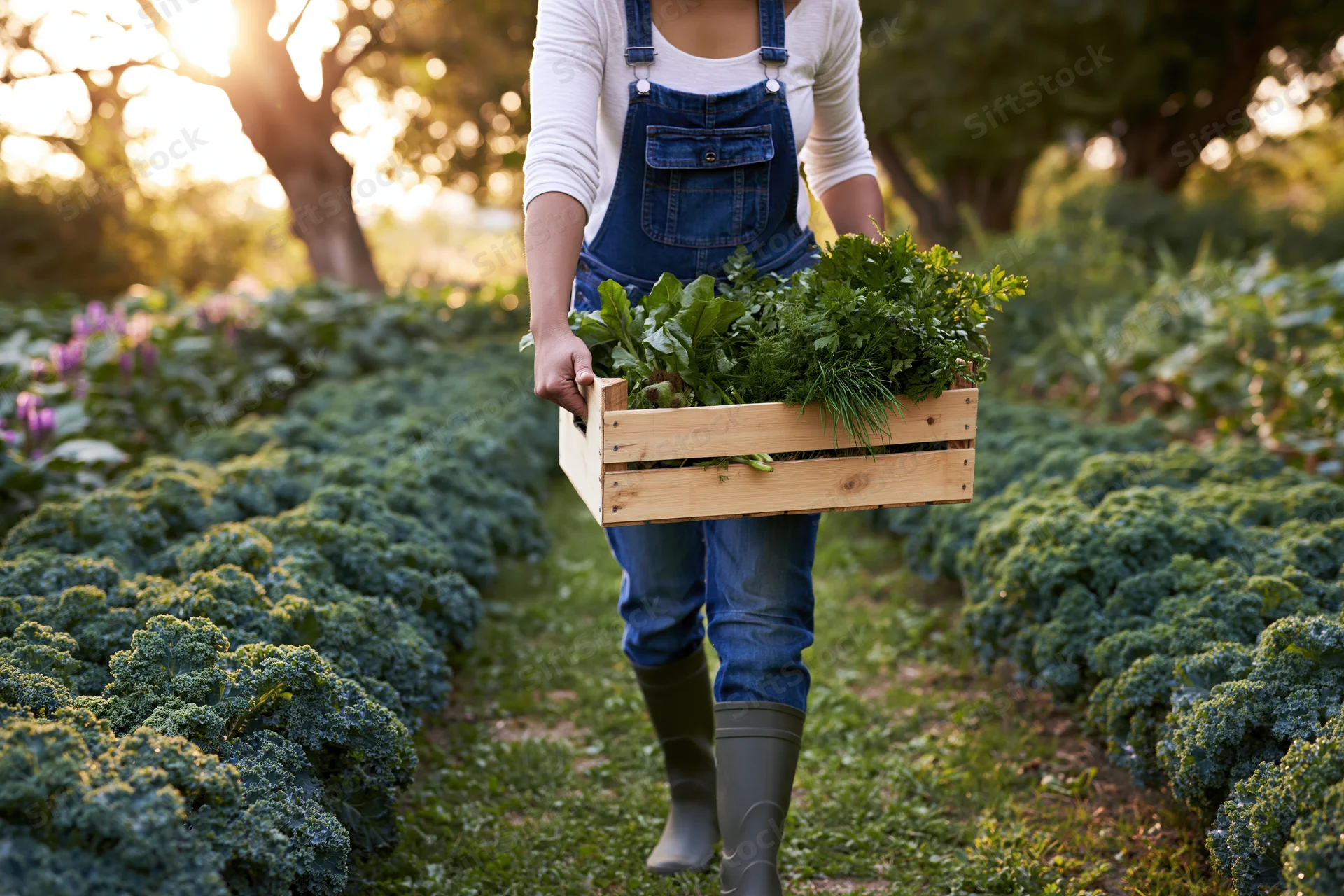 Woman carrying wooden crate of fresh vegetables through garden row at dusk