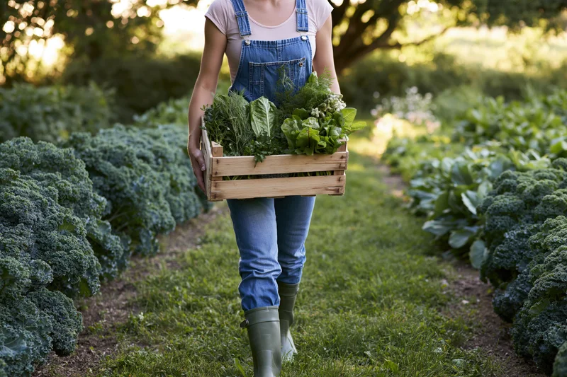 Woman carrying wooden crate of fresh herbs and vegetables along garden row