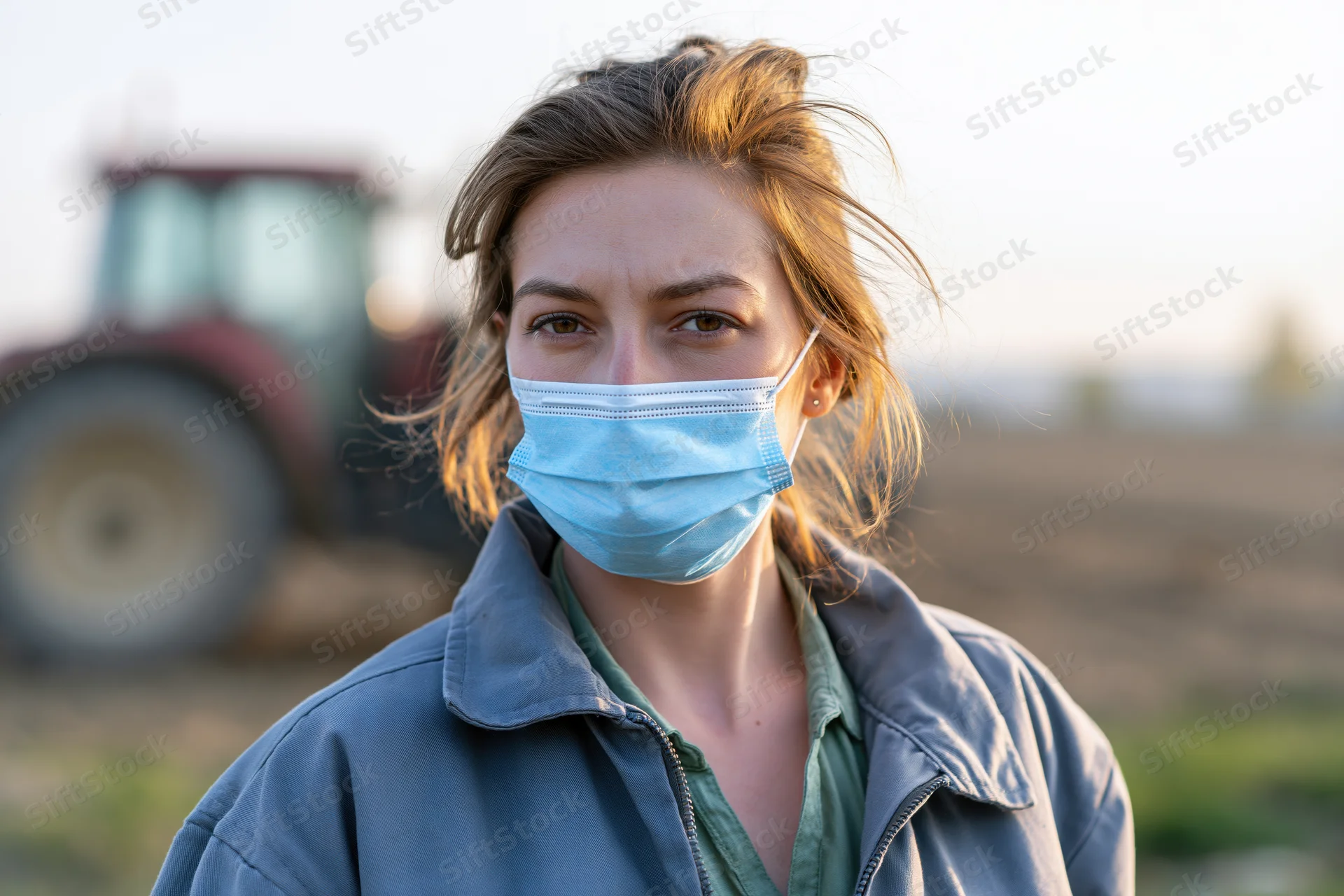 Woman wearing blue protective mask standing in field with tractor in background