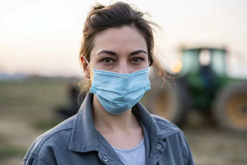 Woman wearing face mask standing in field with tractor in background