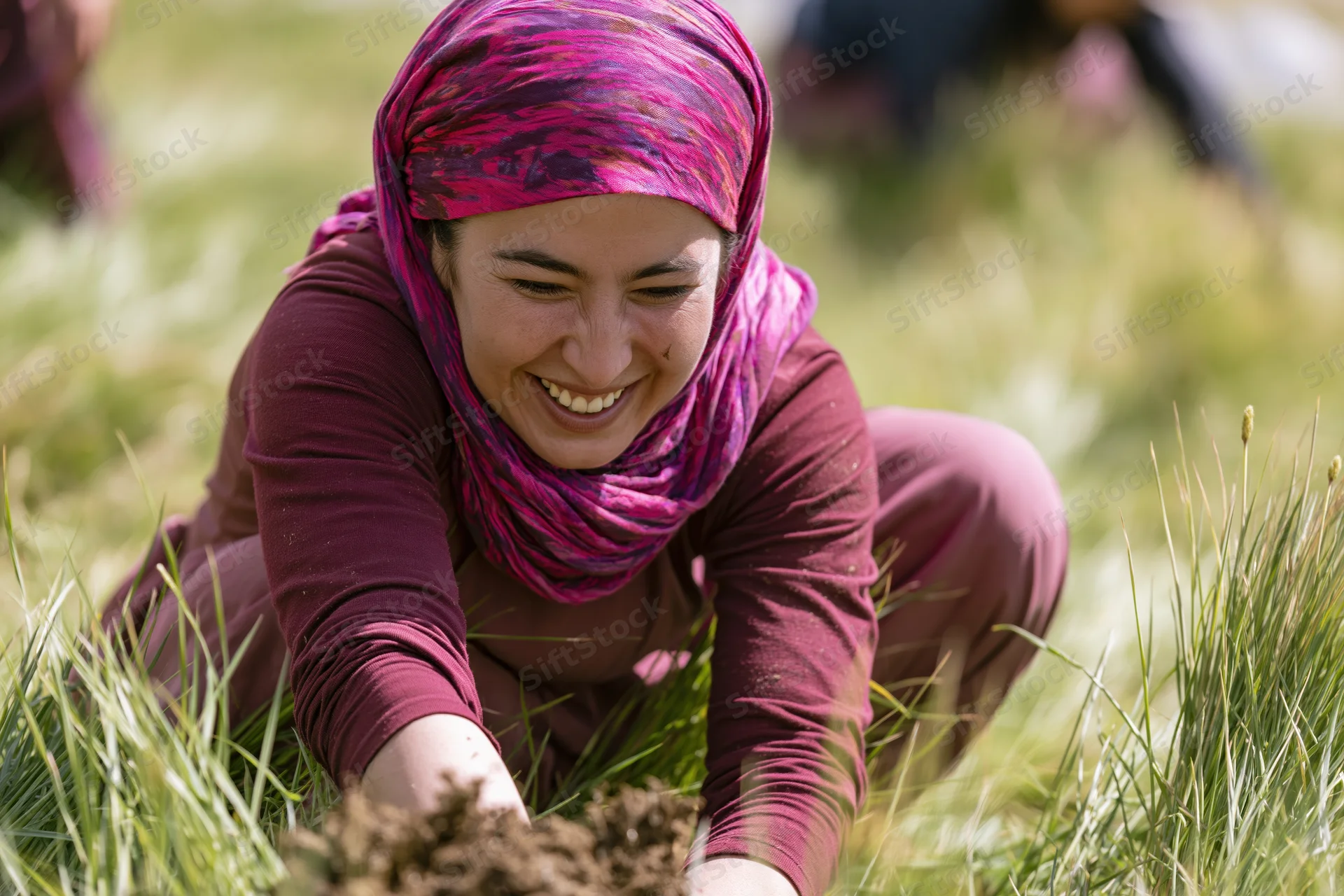 Woman smiling while planting in a grassy field