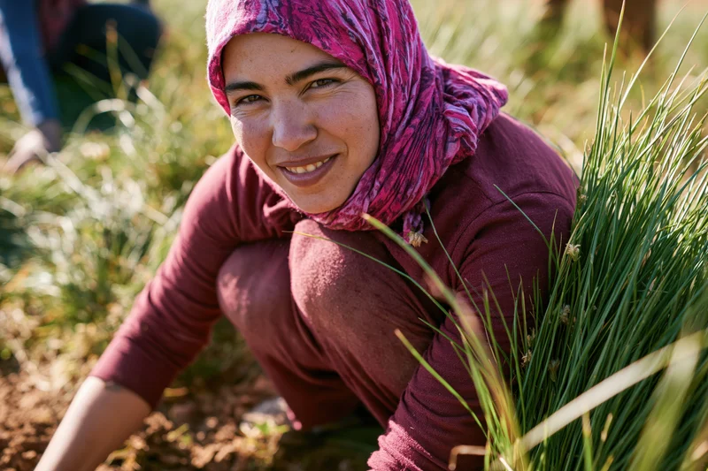 Woman crouching in a garden tending plants with a smile