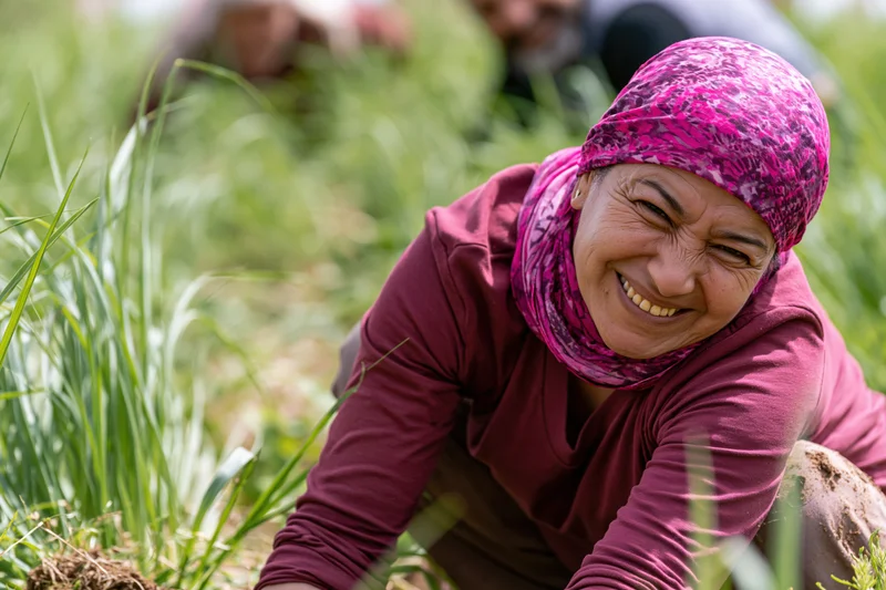 Woman smiling while harvesting onions in a green field