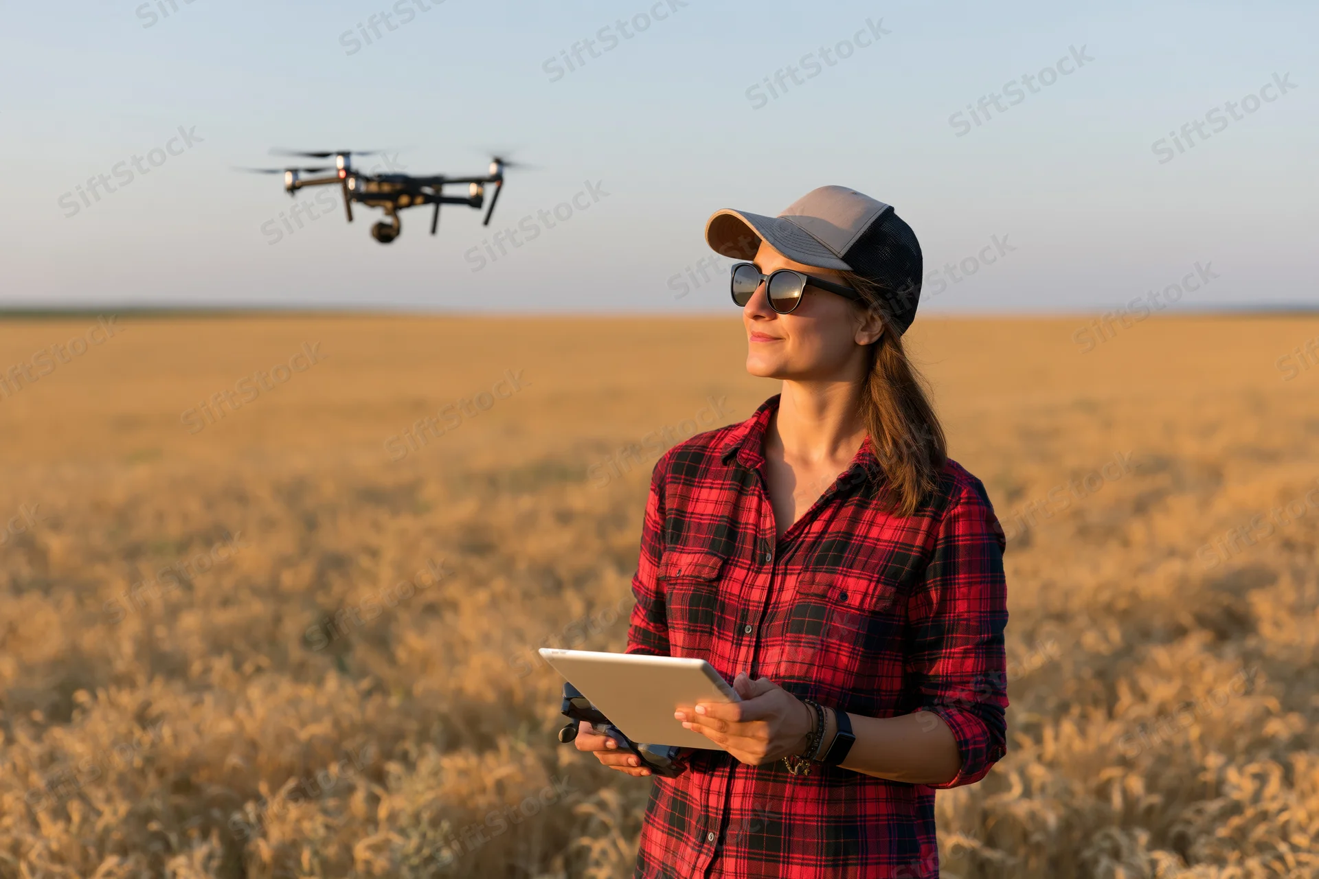 Woman operating drone with tablet in wheat field