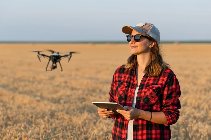 Woman operating drone with tablet in wheat field at sunset