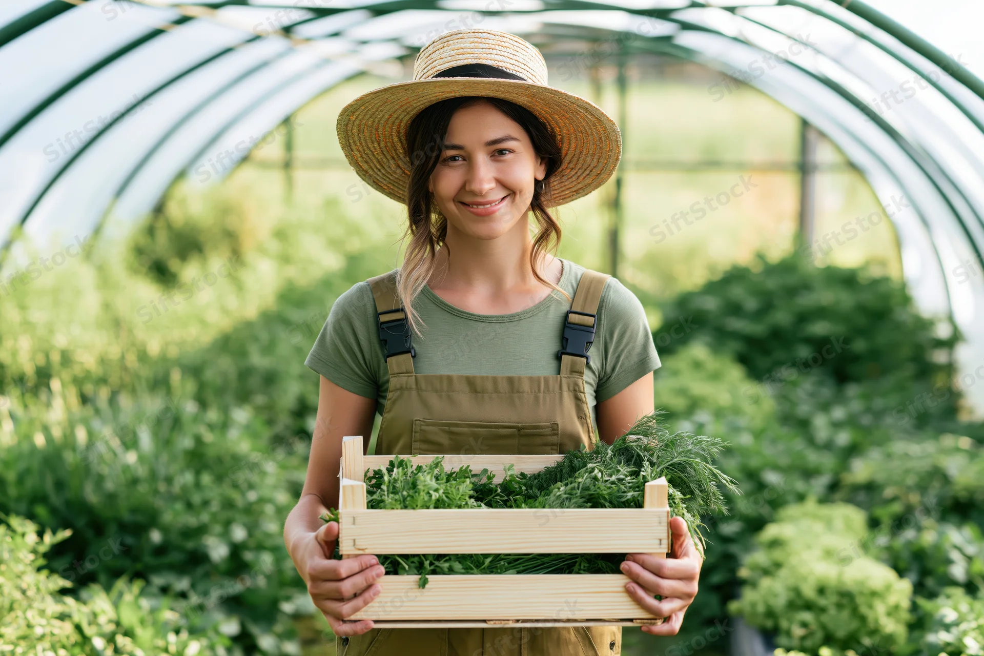 Woman holding wooden crate of fresh herbs in greenhouse
