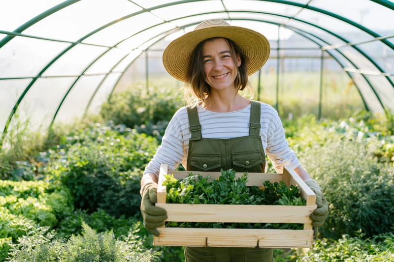 Woman holding wooden crate of fresh vegetables in greenhouse garden