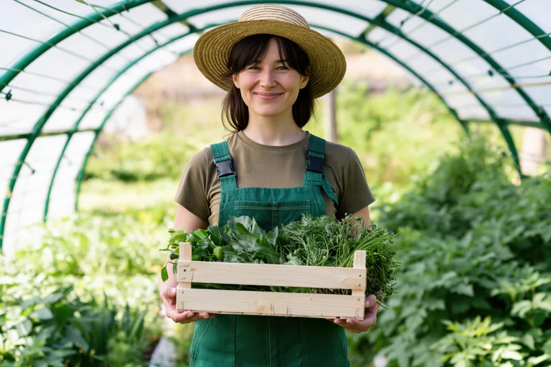 Woman in straw hat holding wooden crate of fresh vegetables in greenhouse