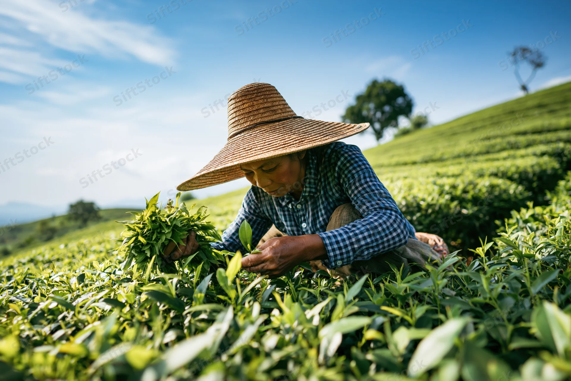 Woman harvesting tea leaves in a green field under blue sky