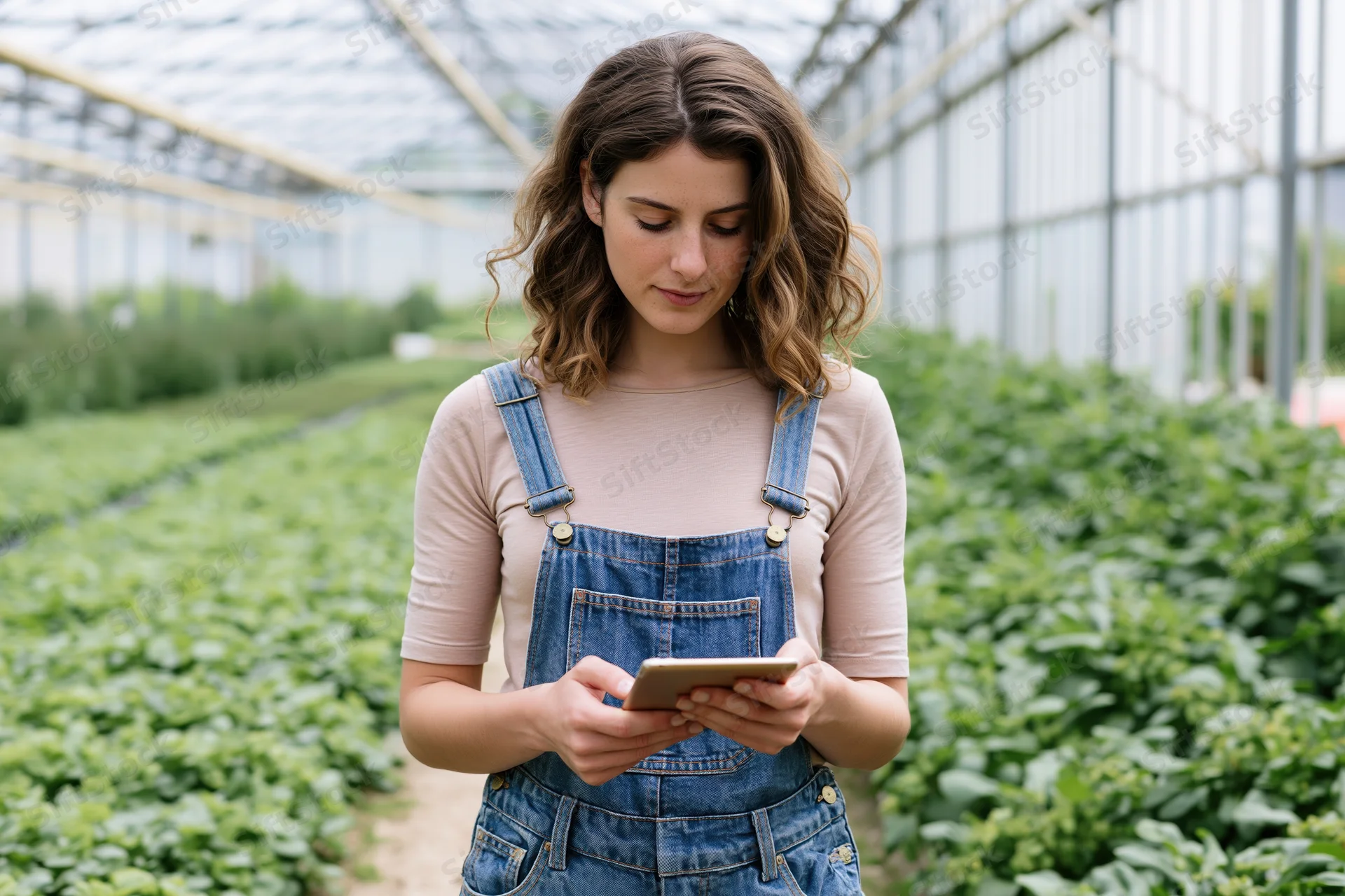 Woman in denim overalls using tablet while inspecting crops in greenhouse