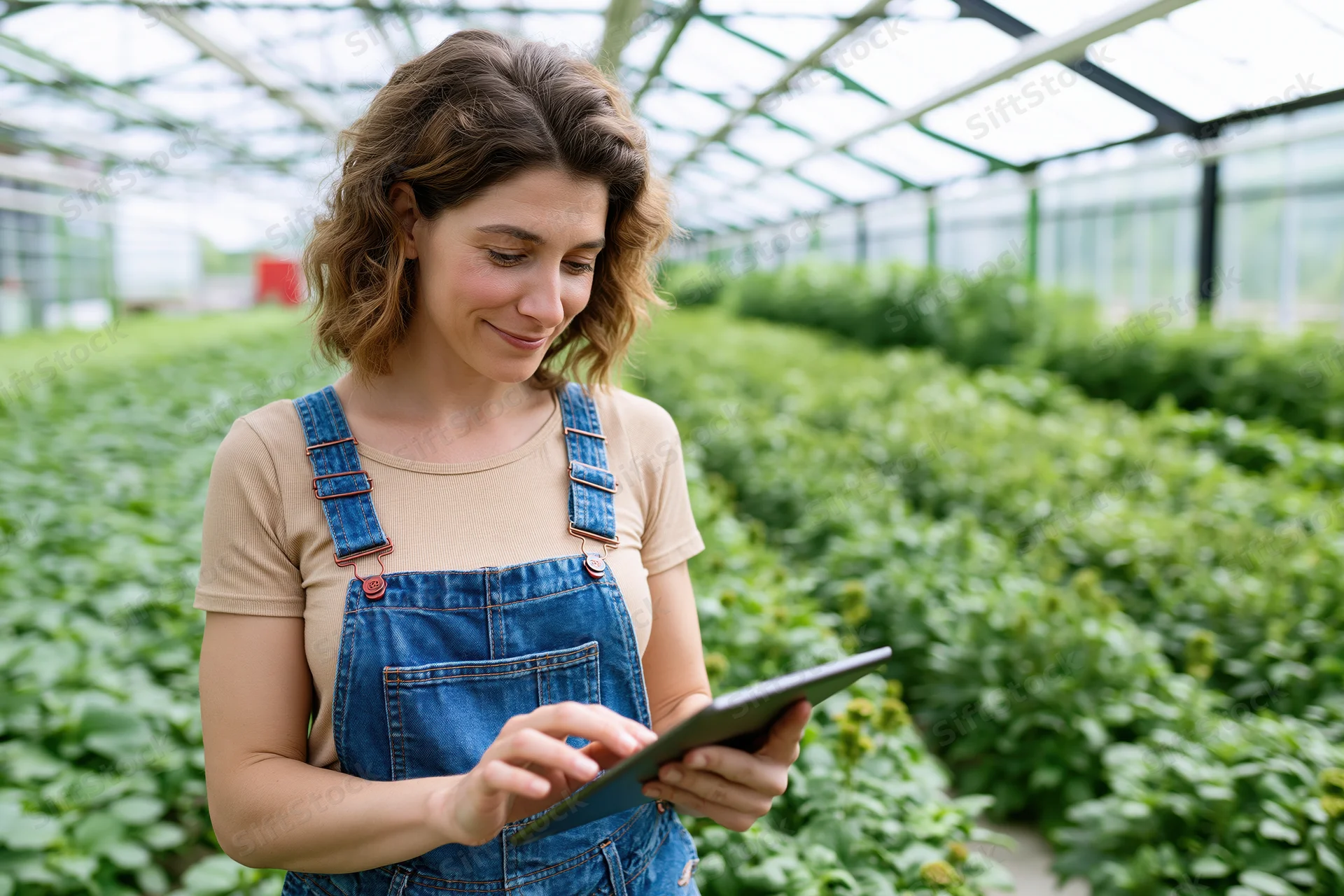 Woman using tablet for crop monitoring in greenhouse