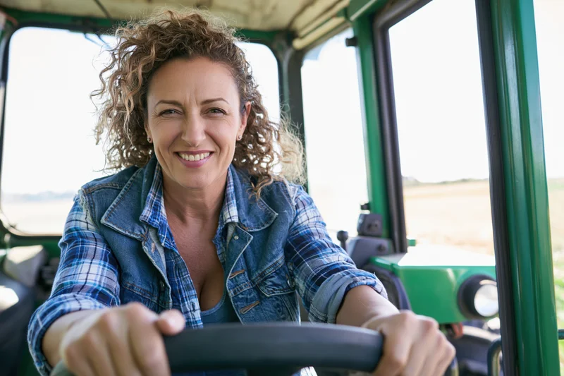 Woman driving tractor in field, smiling, wearing denim jacket and plaid shirt