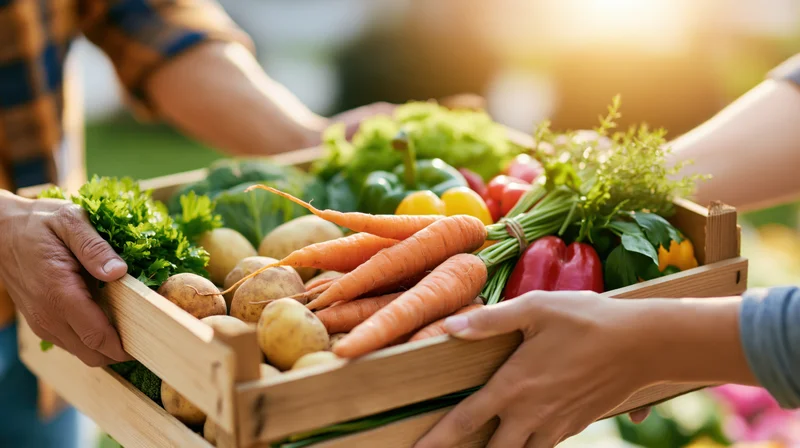 Two people passing a wooden crate filled with fresh vegetables outdoors