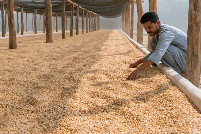Man inspecting dried corn spread on ground under shaded structure in rural farm setting