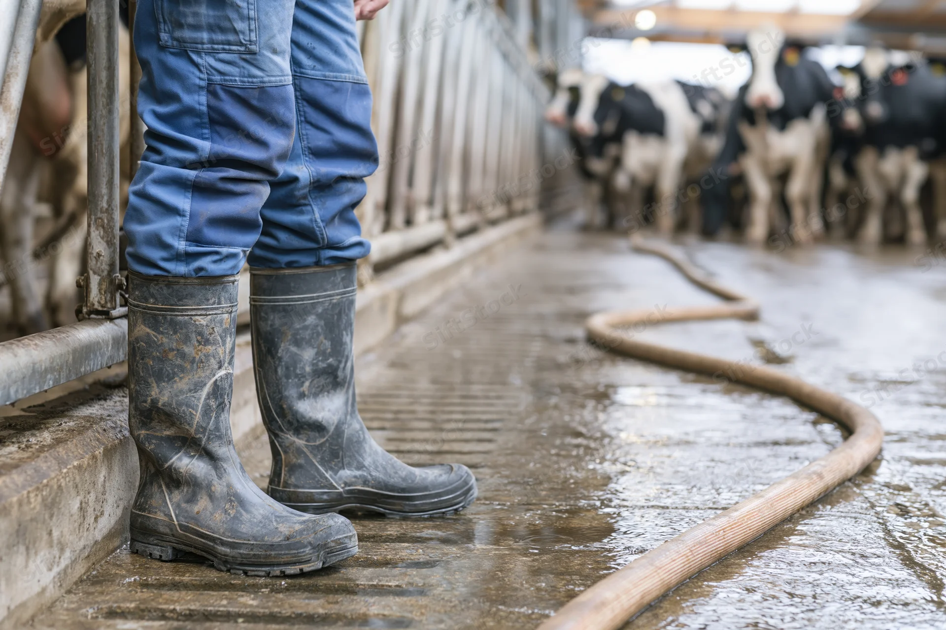 Worker in rubber boots standing in wet barn aisle with cows in pens