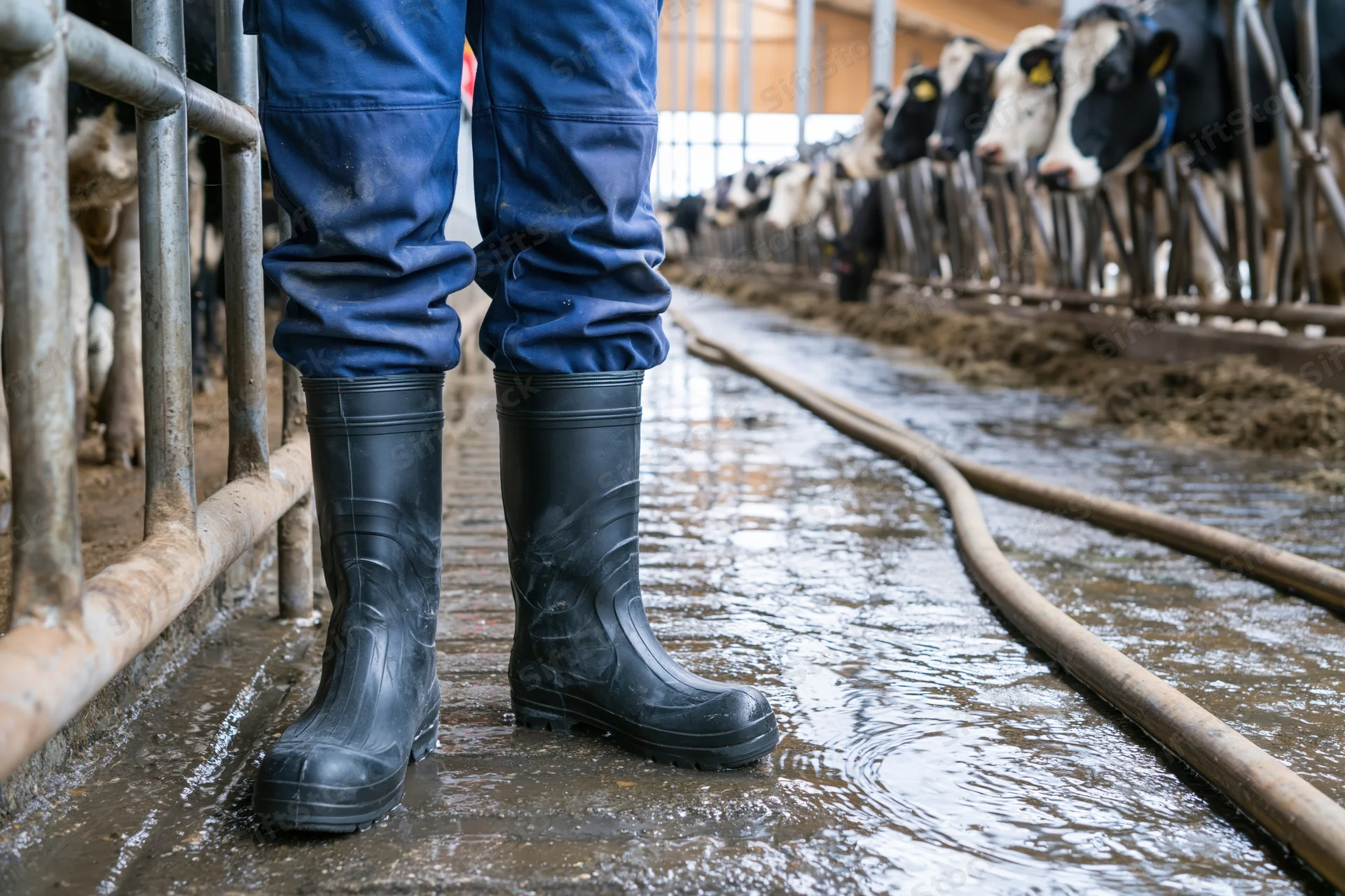 Farmer in rubber boots standing in muddy barn aisle beside dairy cows