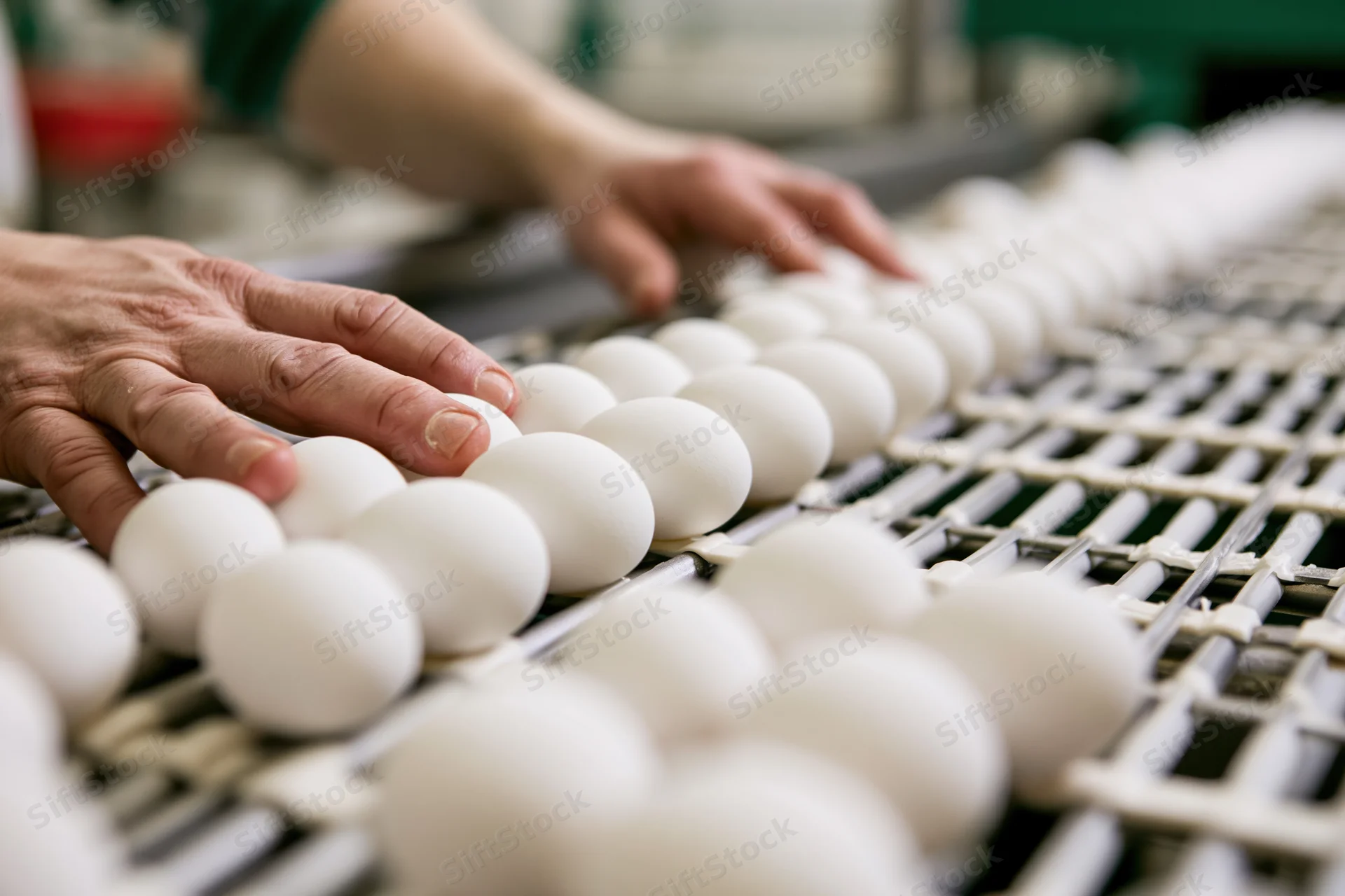Worker's hands inspecting eggs on a conveyor belt in a food processing facility