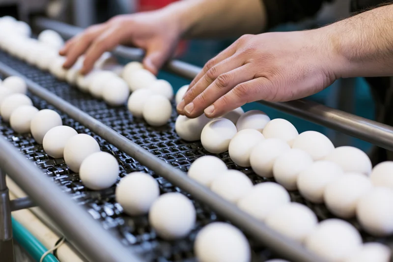 Worker's hands sorting eggs on a conveyor belt in a food processing facility