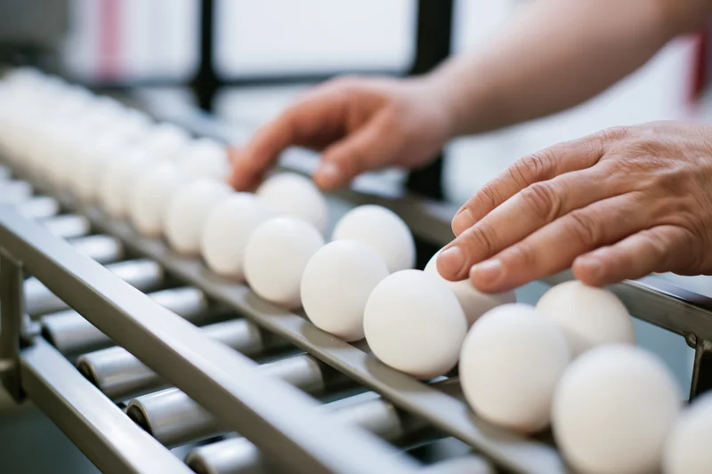 Worker's hands inspecting eggs on a conveyor belt in a food processing facility