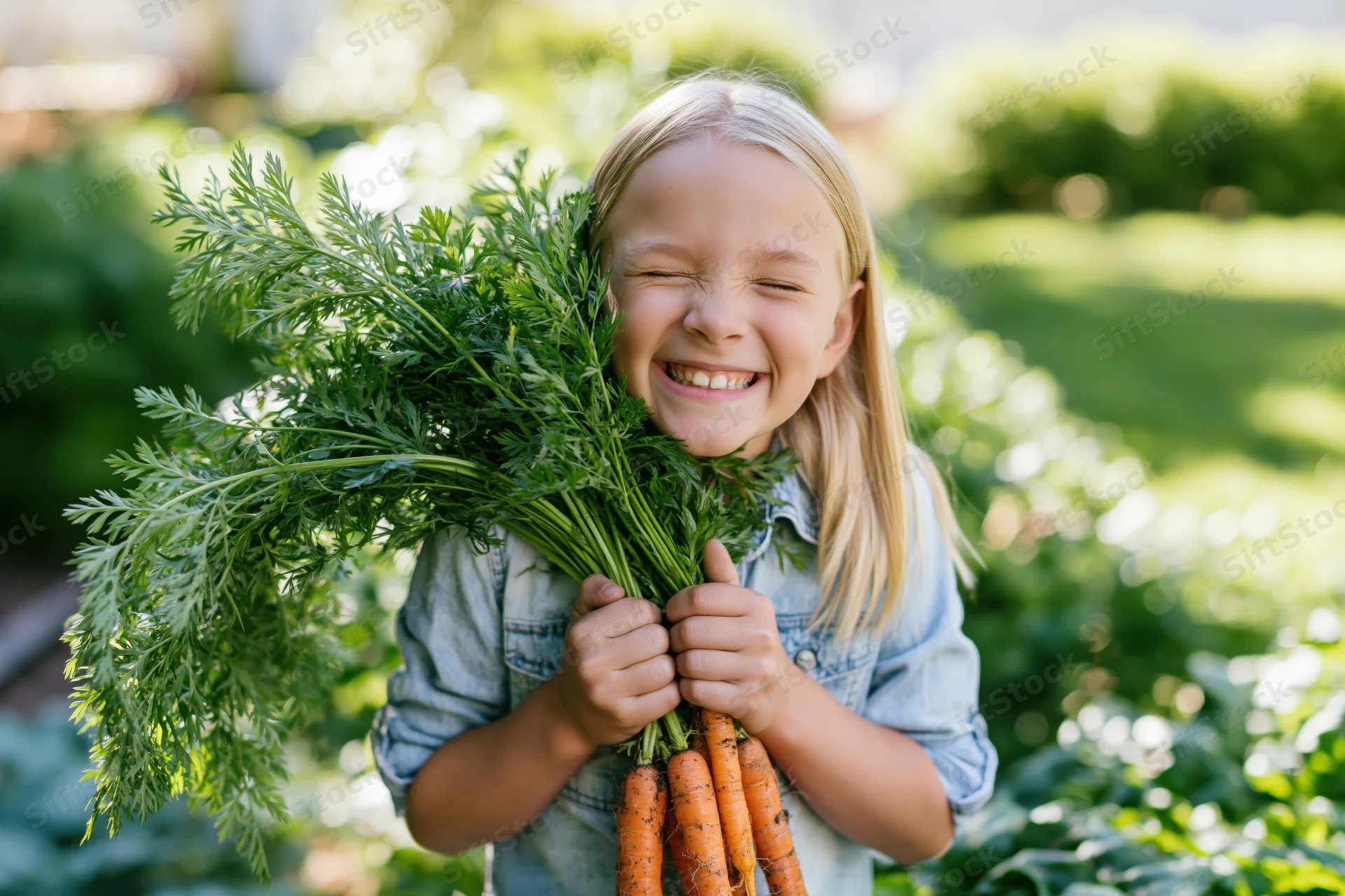 Young blonde girl smiling while holding a bunch of freshly harvested carrots in a garden