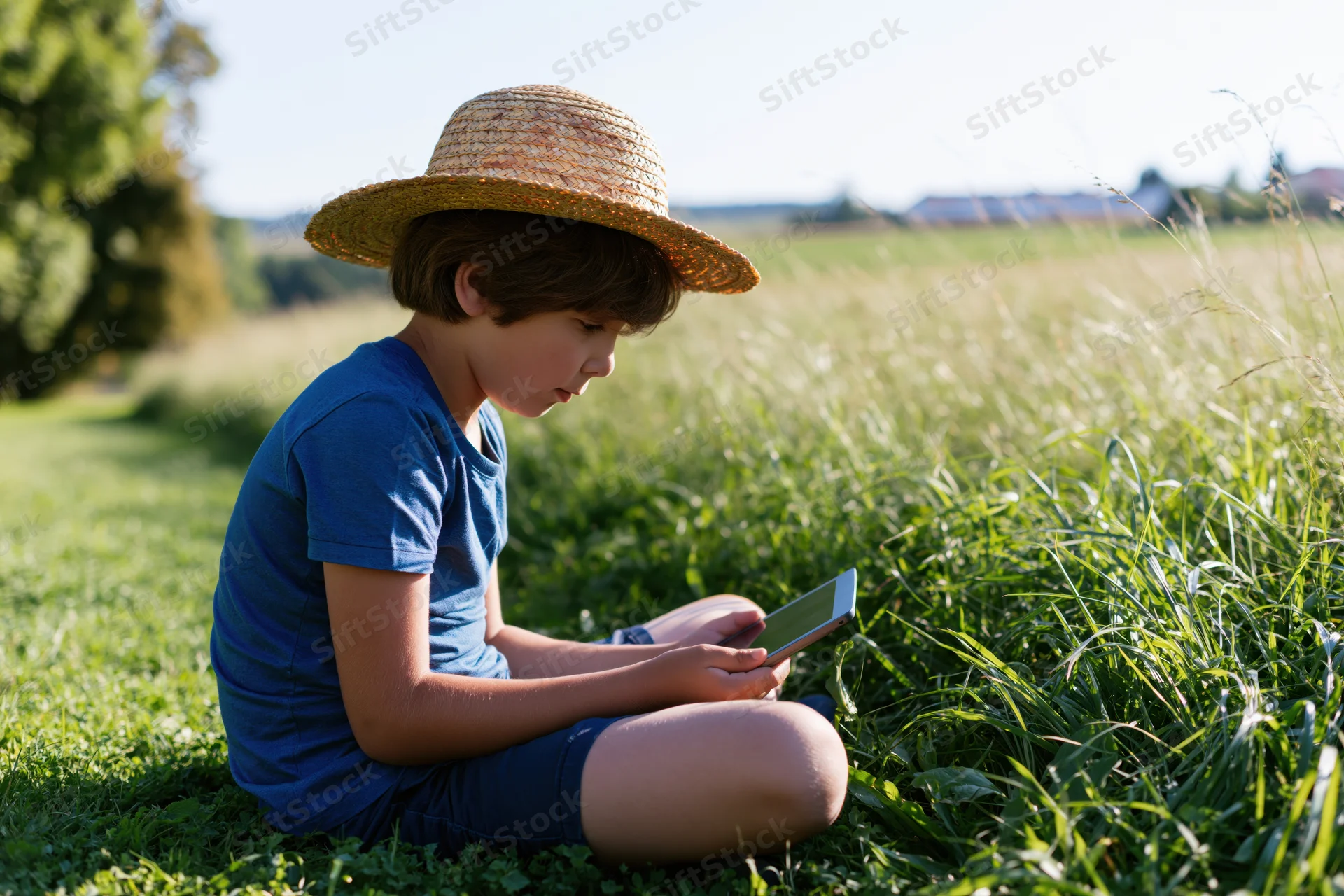 Young boy sitting on grass in a field using a tablet outdoors