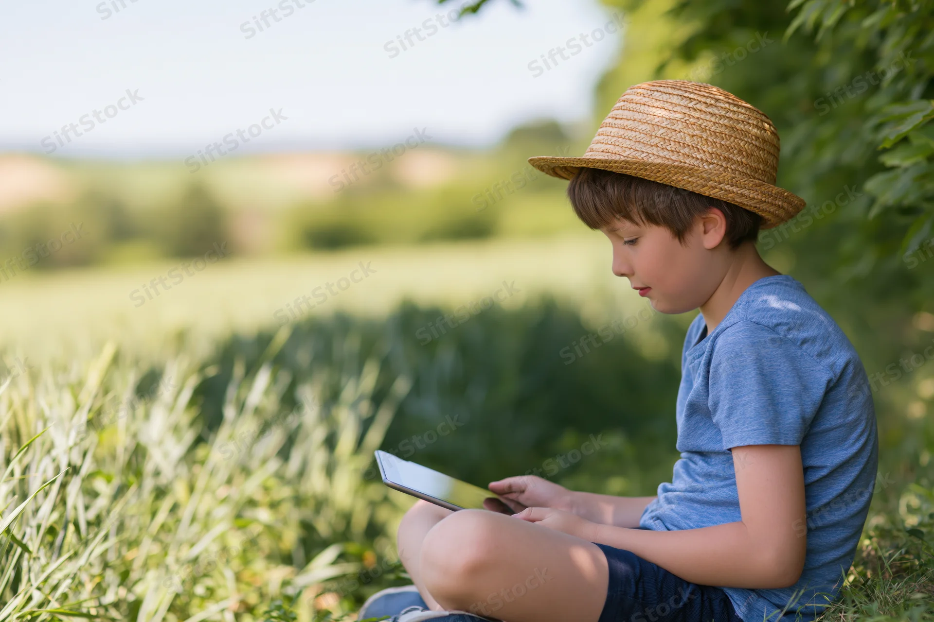 Young boy sitting in a grassy field using a tablet outdoors