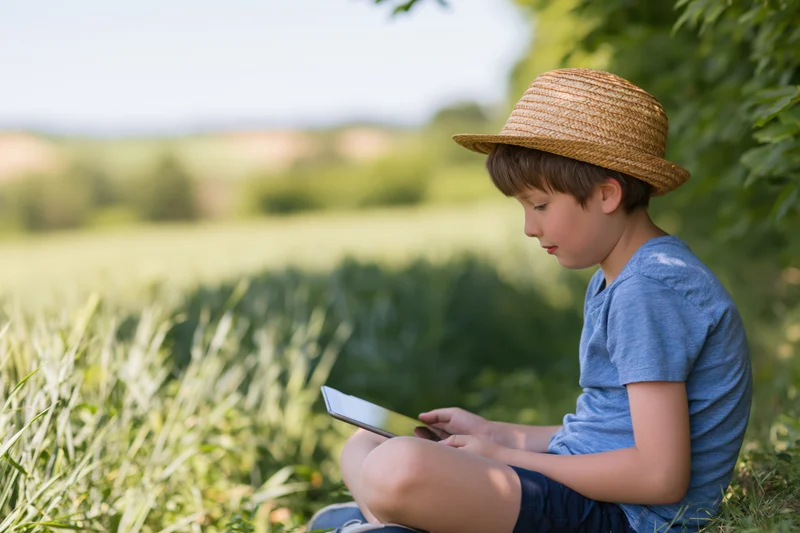 Young boy sitting in a grassy field using a tablet outdoors