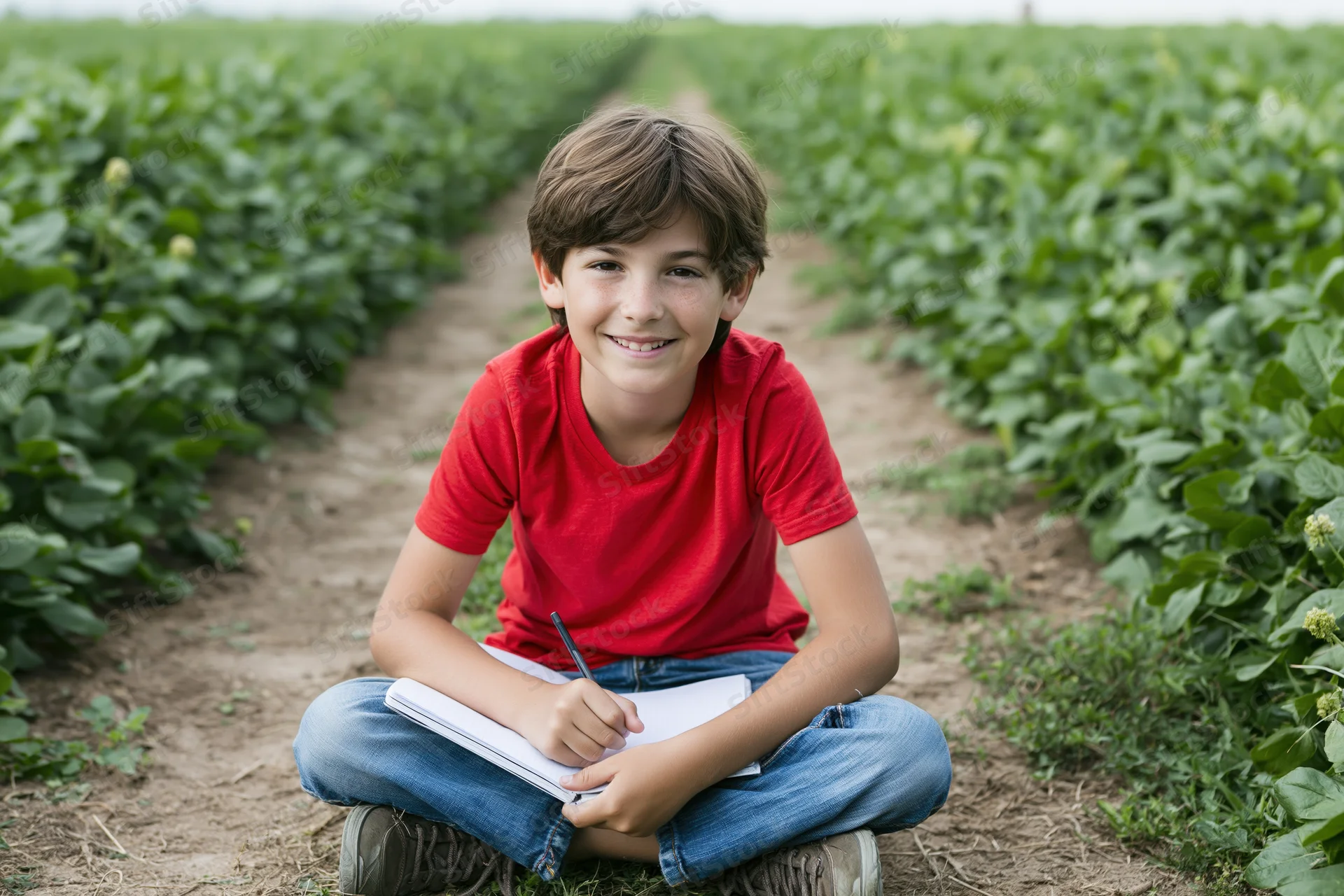 Boy sitting cross-legged in a watermelon field writing in a notebook with a pencil, smiling at the camera