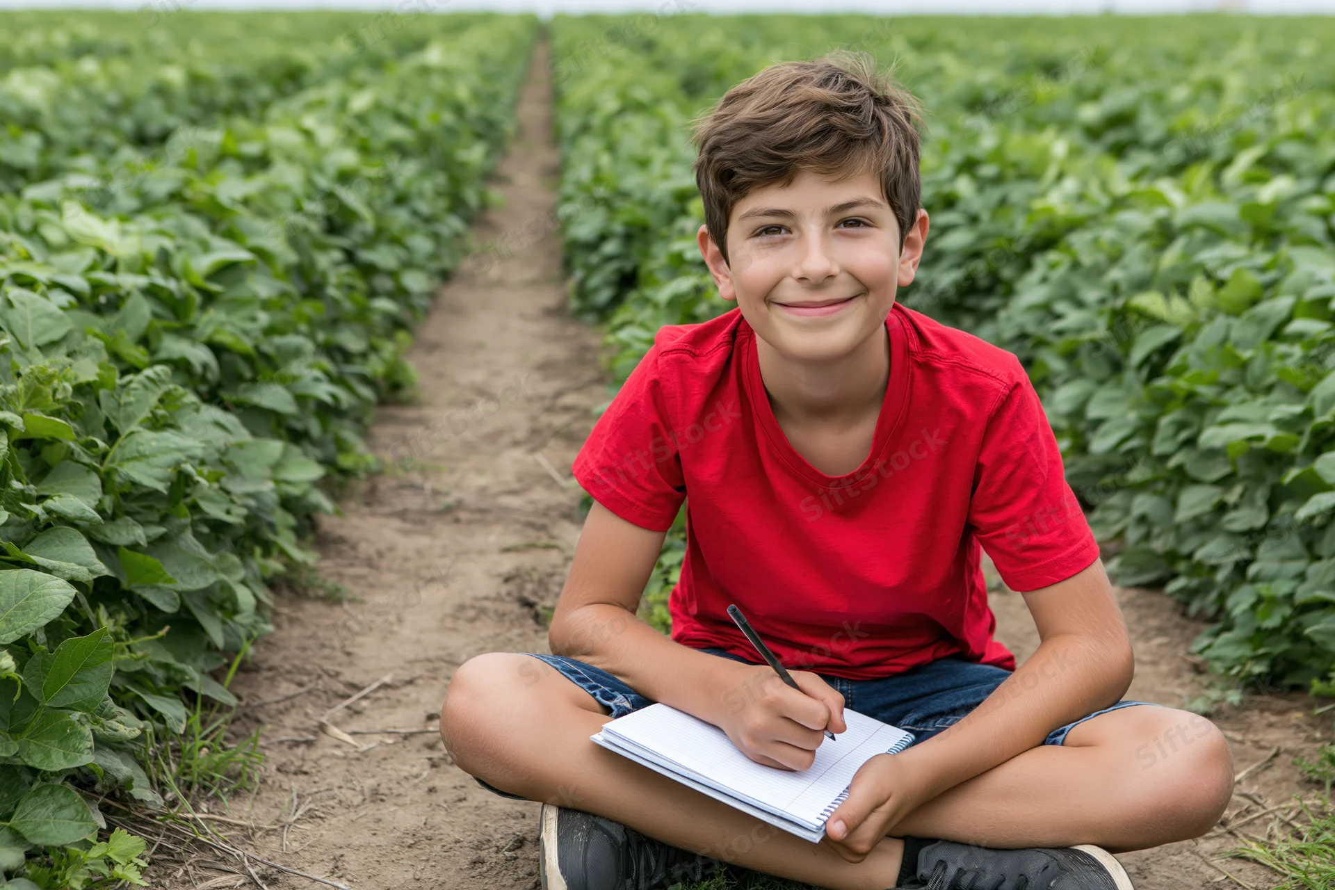 Boy sitting cross-legged in a farm field writing in a notebook with a pencil