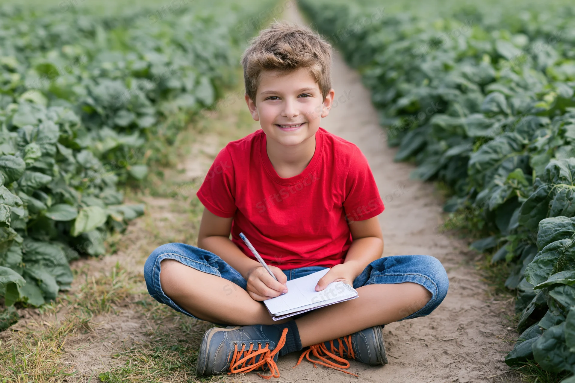 Young boy sitting cross-legged in a farm field writing in a notebook, surrounded by green crops