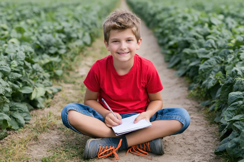 Young boy sitting cross-legged in a farm field writing in a notebook, surrounded by green crops