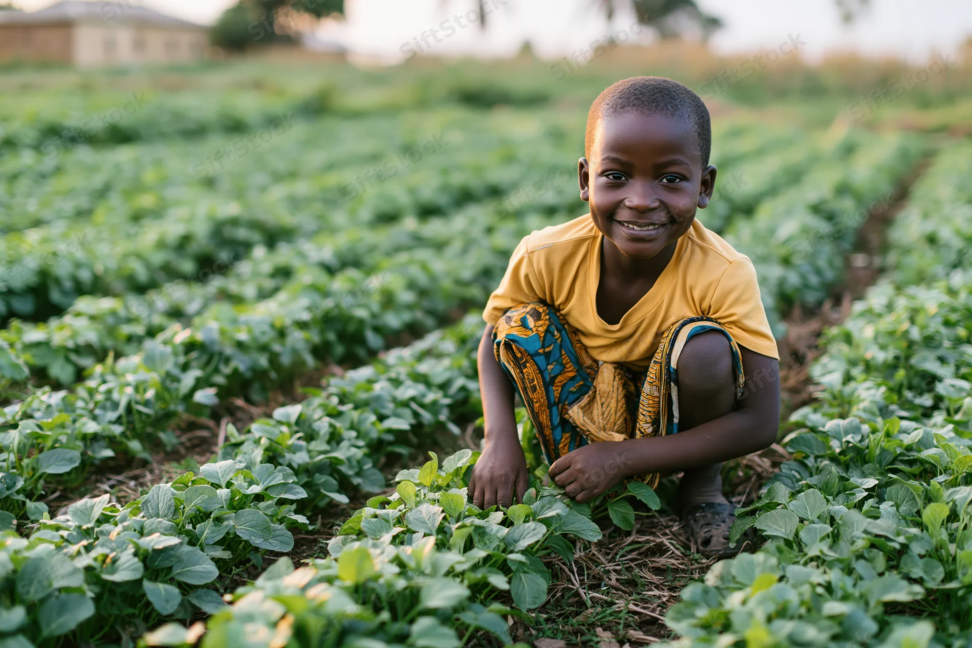 Young boy squatting in a vegetable field smiling at the camera