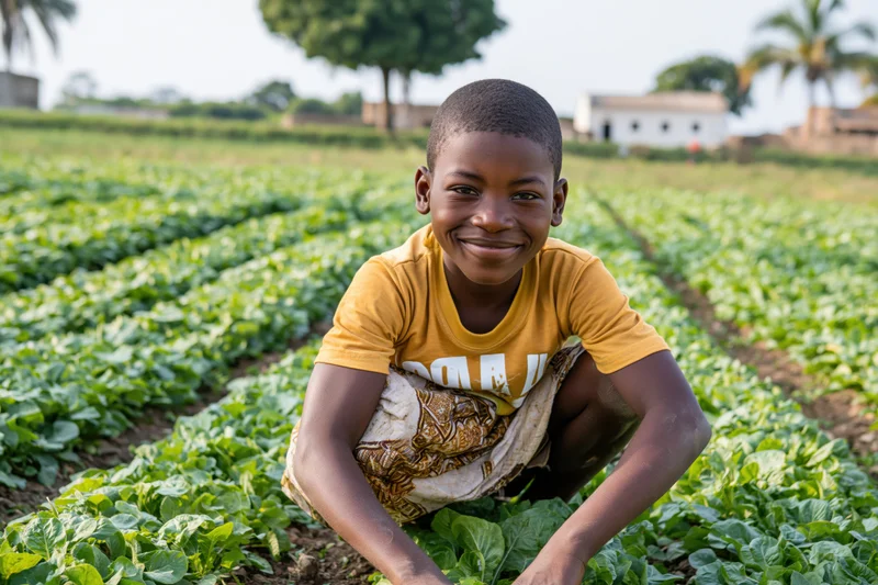 Young boy crouching in a vegetable field smiling at the camera