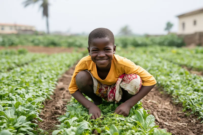 Young boy squatting in a vegetable garden tending crops in a rural field