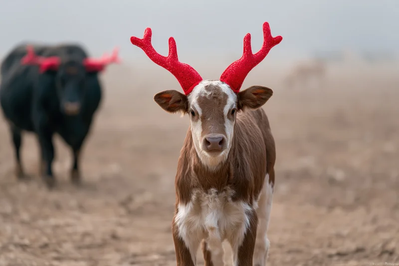 Calf wearing red reindeer antlers standing in a dry field with another cow in the background